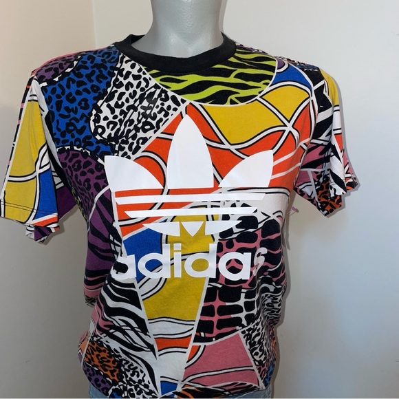 Adidas Tee Short Sleeve Crew Neck Cotton Orange Green  Pattern Womens Small - Picture 1 of 8